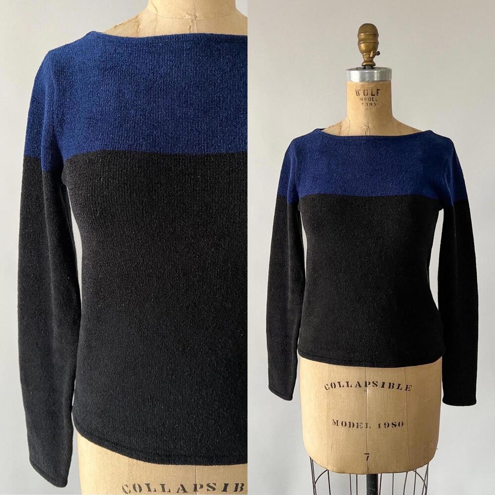 Vintage 1990s Y2K Jones NY Blue Black Color Block Chenille Knit Top Sweater S
